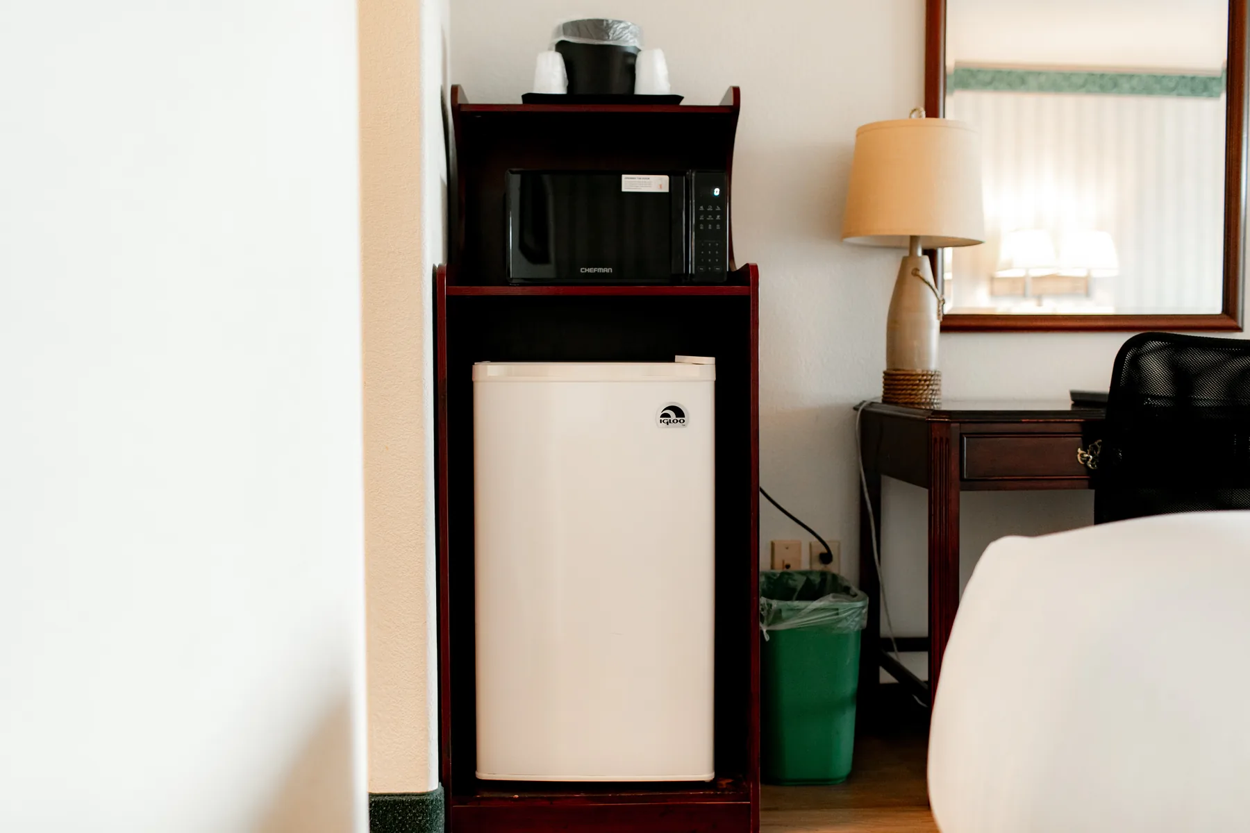 In-room refrigerator and coffee station